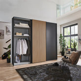 Tulsa 3 Door Graphite Sliding Door Wardrobe with Oak Decking - Free Assembly - Pendle Village Furniture